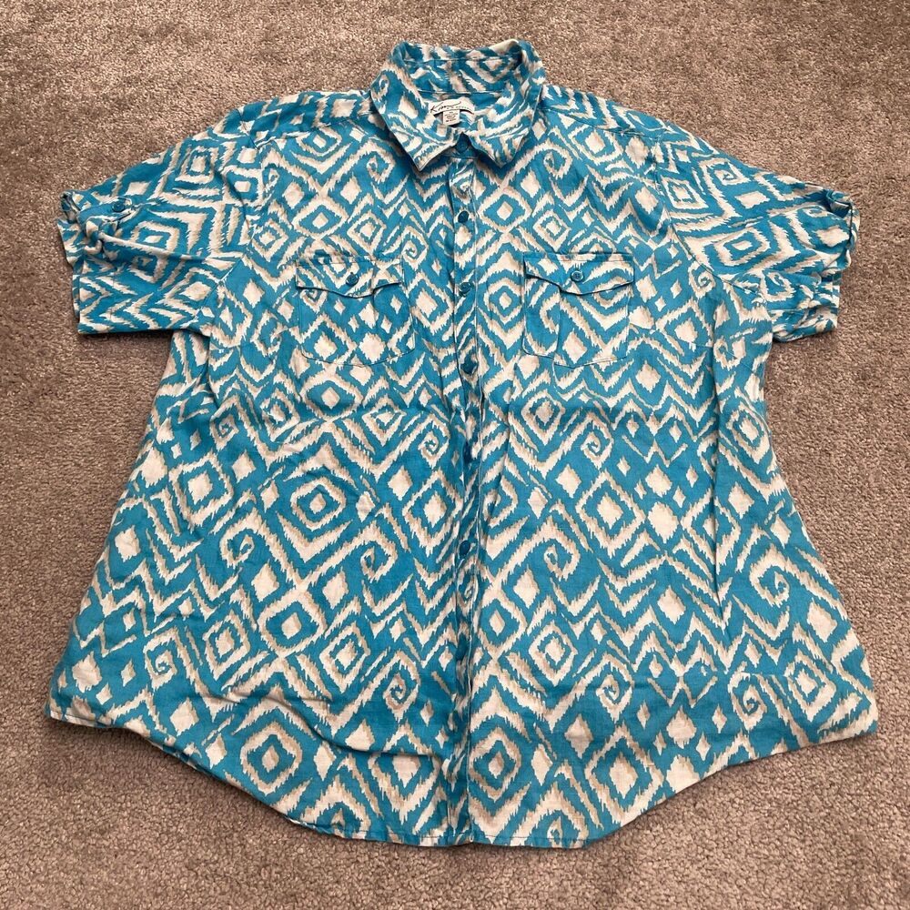 Kim Rogers Linen Button Down Shirt Womens XL Blue Geometric Aztec Short Sleeve